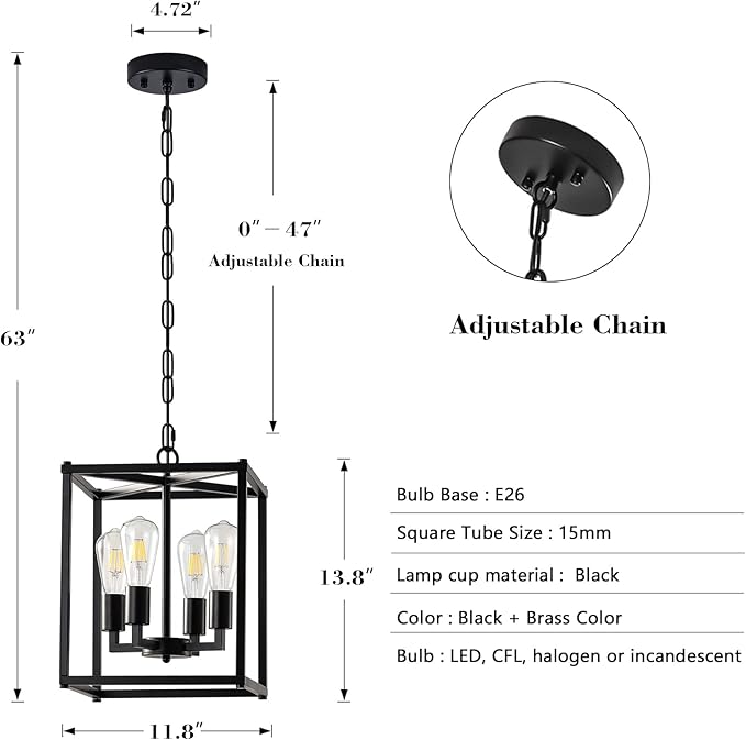 Lantern Pendant Light, 4-Light Black Chandelier,Modernized Ceiling Hanging Light Fixture for Bedroom Kitchen Island Foyer Living Room Dining Room Hallway-Ruum Studio Home