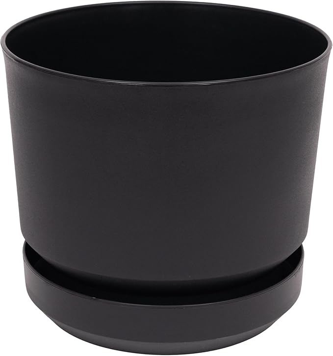 Elly Décor 14 inch Plastic Cylinder Planter Pot with Self-Watering Saucer and Drainage Hole,Lightweight & Extremely Durable, 14"x 14", Black-Ruum Studio Home