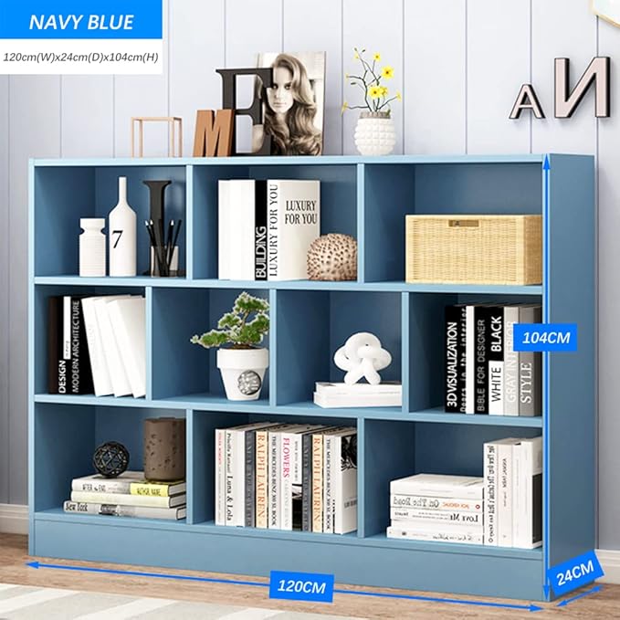 IOTXY Open Shelf Low Bookcase - Wooden 3-Tier Floor Standing Display Cabinet Organizer with Base, 10 Cubes Short Horizontal Bookshelf in Bright Blue-Ruum Studio Home
