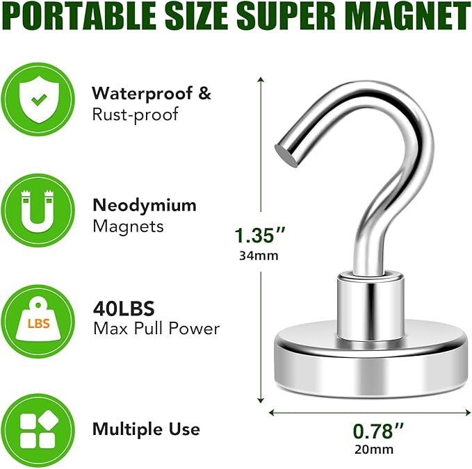 MIKEDE Magnetic Hooks Heavy Duty, 40lbs Earth Magnets with Hooks for Refrigerator, Strong Magnets with Rust Proof Metal Hooks for Cruise Cabins, Classroom, Outdoor - Pack of 20-Ruum Studio Home