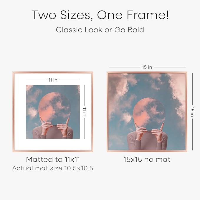 Homeforia 15x15 Picture Frame Rose Gold, High End Metal 15 x 15 Square Poster Frame with Mat 11 x 11 Photo, 15x15 Frame Matted to 11x11 Print, 15by15 Hanging Frames, Tempered Glass, Wall Kit, Set of 1-Ruum Studio Home