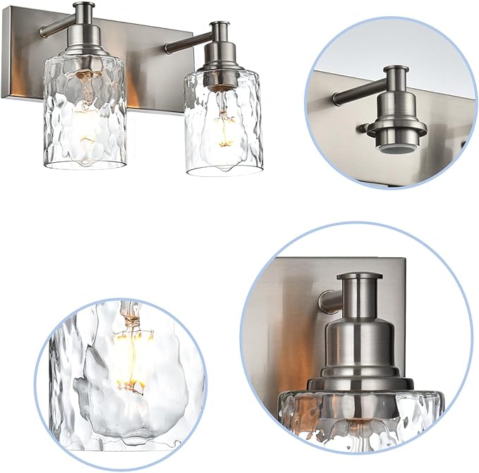 BONLICHT Modern Bathroom Light Fixtures in Brushed Nickel Finish, 2 Light Industrial Indoor Wall Sconce Farmhouse Vanity Lighting Over Mirror with Hammered Glass Contemporary Hallway Wall Mount Lamp-Ruum Studio Home