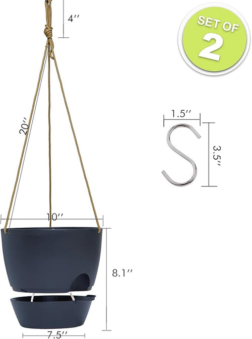 10 Inch Self Watering Hanging Pots, 2 Pack Hanging Planters with 40oZ Deep Reservior for Indoor Outdoor Plants Flowers, Black-Ruum Studio Home