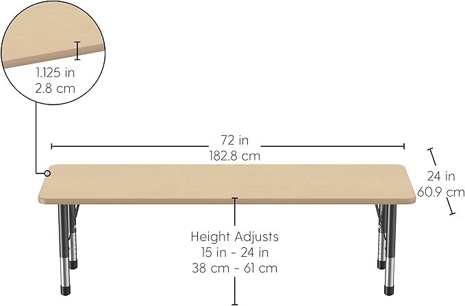 FDP Rectangle Activity School and Classroom Kids Table (24 x 72 inch), Chunky Toddler Legs, Adjustable Table Height 15-24 inches - Maple Top and Maple Edge-Ruum Studio Home