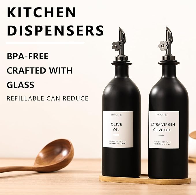 HOMCDALY Olive Oil Dispenser for Kitchen, 16oz Glass Oil Bottles with Bamboo Tray, Black Oil&Vinegar Cruet Set, Kitchen Dispenser Bottles with Pourer | Set of 2 (16oz – Black)-Ruum Studio Home
