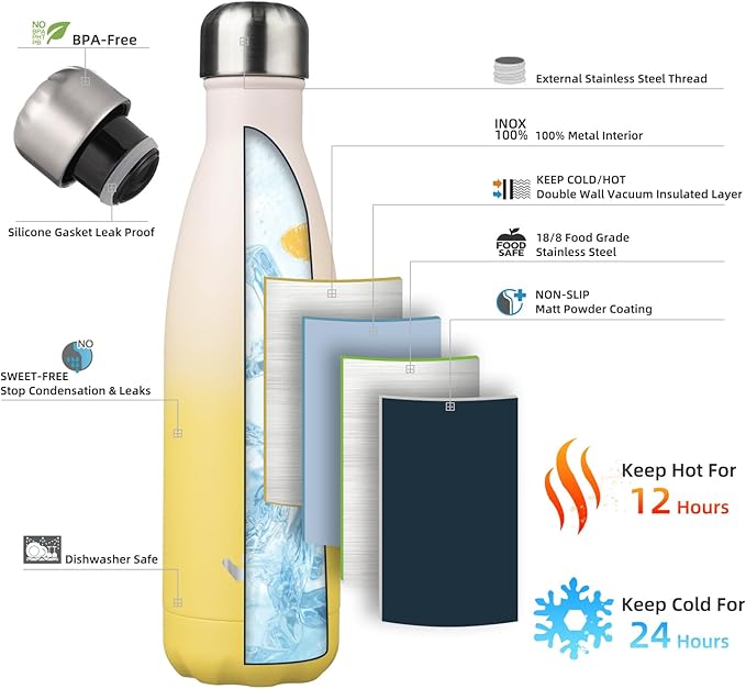 Insulated Water Bottles,17 oz Double Wall Stainless Steel Vacumm Metal Flask for Sports Travel,Lemon-Ruum Studio Home