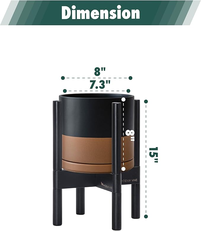 D'vine Dev Ceramic Planter with Ebony Stand - 8 Inch Modern Round Flower Pot with Wood Planter Holder, Black/Speckled Tan, 55-B-M-7-Ruum Studio Home