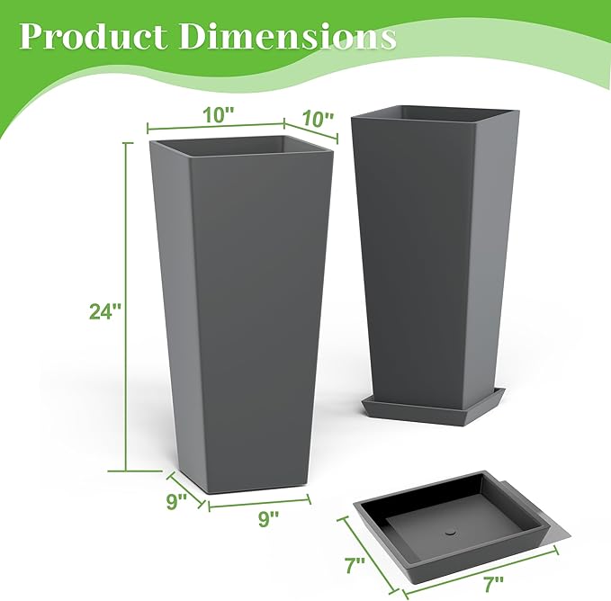 FENCY Set of 2 Tall Planters for Outdoor Plants, 24 Inch Large Tapered Pots with Drainage Trays, Weather-Resistant Plastic Plant Containers for Patio, Porch, Garden, Front Door Decor,Gray-Ruum Studio Home