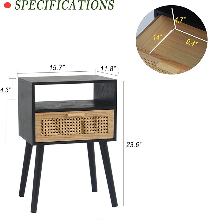 MaxSmeo End Table with Storage Mid Century Nightstand with Rattan Drawer and Shelf, Wood Small Side Coffee Table for Small Space, Living Room and Bedroom, Easy Assembly (Black)-Ruum Studio Home