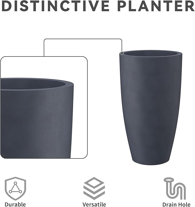 Kante 23.6" H Charcoal Finish Concrete Tall Planters Large Outdoor Indoor Decorative Plant Pots with Drainage Hole and Rubber Plug, Modern Tapered Style for Home and Garden-Ruum Studio Home
