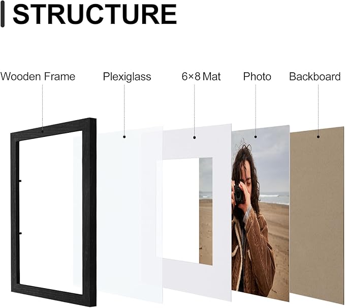 Vittanly 9x12 Picture Frames Set of 9, Shatter Resistant Plexiglass, Display 6x8 Pictures with Mat or 9x12 without Mat, Photo Frames for Wall or Tabletop, Engineered Wood, Black-Ruum Studio Home