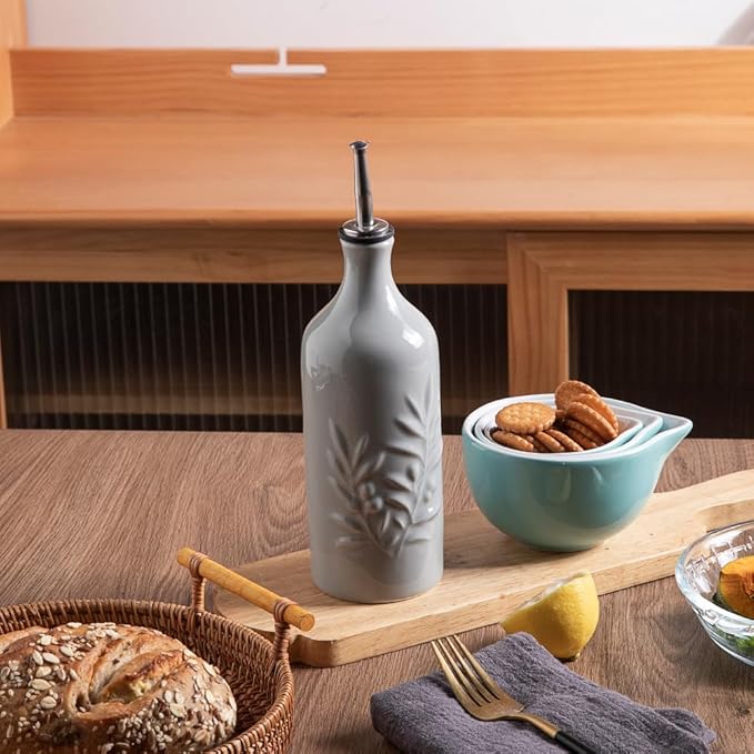 Sweejar Ceramic Olive Oil Dispenser Bottle, 20 Oz Relief Opaque Oil Cruet Protects Oil To Reduce Oxidation, Suitable for Storage Oil, Vinegar, Soy Sauce, Coffee Syrup, Liquids, Set of 1 (Gray)-Ruum Studio Home
