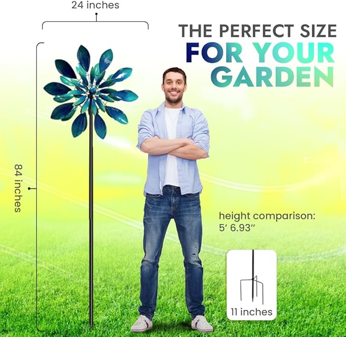 Large Wind Spinners - Decorative Garden Whirligigs - Durable Metal Flower Art - Ideal for Yard Decor and Gifts - Outdoor Accessories - Designed for Patios & Landscapes Blue 24"W x 84"H-Ruum Studio Home