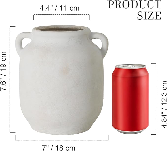 Ceramic Flower Vase Home Decor - 7.6 Inch Farmhouse Rustic White Table Vases with Handle Living Room Decoration Decorative Vintage Pottery for Kitchen Shelf Coffee Dining Desk Bookshelf Fireplace-Ruum Studio Home