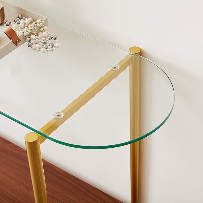 Oval Glass Console Table for Living Room, Foyer & Entrance, 2-Tiers Mid-Century Modern Sofa Table with Clear Glass Top, Walnut Finish Wood Shelf and Gold Finish Frame-Ruum Studio Home