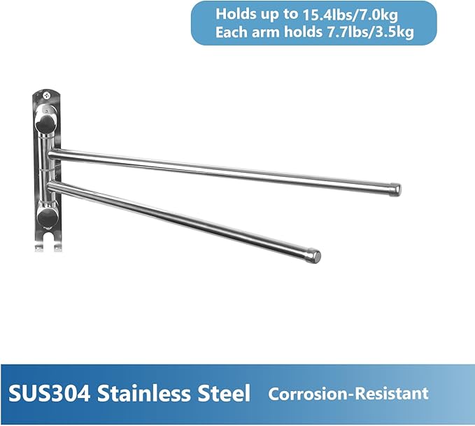 Bathroom Towel Holder JSVER 2 Arms SUS304 Stainless Steel Wall Mounted Towel Bar, Swivel Towel Racks for Bathroom, Kitchen-Ruum Studio Home