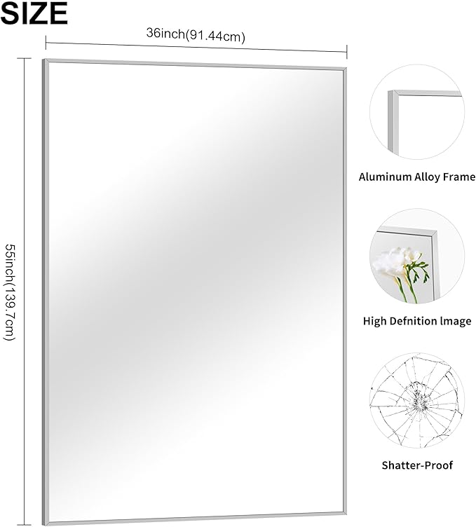36x55 inch Bathroom Mirror, Silver Rectangle Mirror with Thin Metal Frame, Large Rectangular Wall Mirrors for Bathroom, Living Room, Big Mirror Hang Horizontal/Vertical-Ruum Studio Home