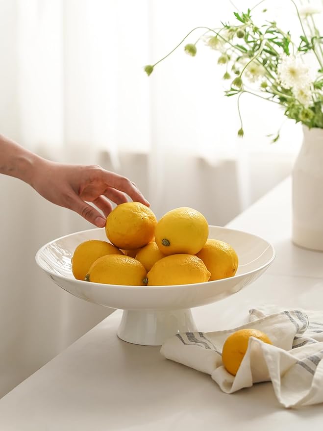 Kanwone Large Fruit Bowl for Kitchen Counter - Decorative Bowls for Home Décor - Ceramic Fruit Bowl, Pedestal Bowl - Modern Key Bowl for Entryway Table - 11.5 Inches, White-Ruum Studio Home