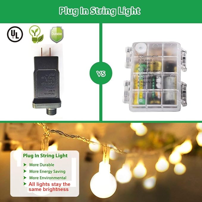 Globe String Lights for Bedroom, 49 Feet 100 LED Fairy Lights Plug in, 8 Modes Warm White Christmas String Lights for Indoor Outdoor Patio Party Garden Wedding Christmas Tree Decor-Ruum Studio Home