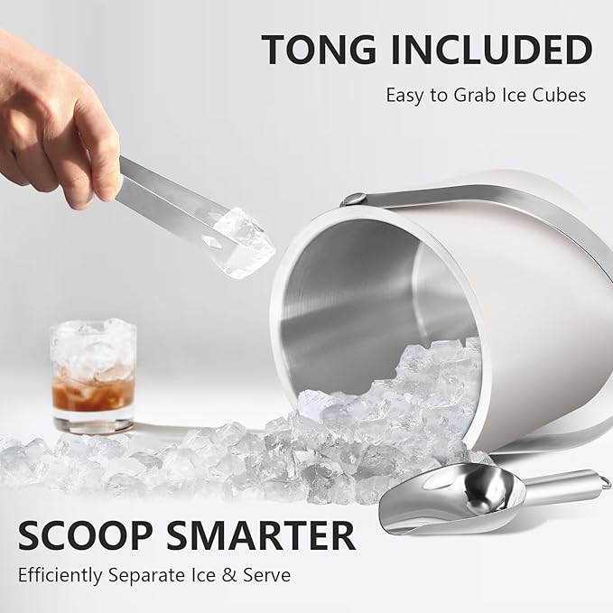 Insulated Ice Bucket with Silicone Lid, Scoop, Tongs & Strainer, 3L Stainless Steel Double Wall Ice Buckets for Parties & Cocktail Bar, Champagne Ice Bucket with Lid for Freezer, Ivory-Ruum Studio Home