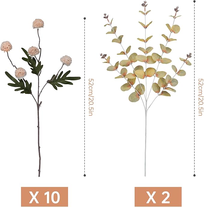 Faux Beige Kiku Flowers 10 Stems & 2 Eucalyptus, Fake Mums Pompon Flower Ball, Autumn Artificial Chrysanthemums Flowers for Boho Bedroom Decor, Silk Mini Faux Kiku Flower Wedding Arrangements Decor-Ruum Studio Home