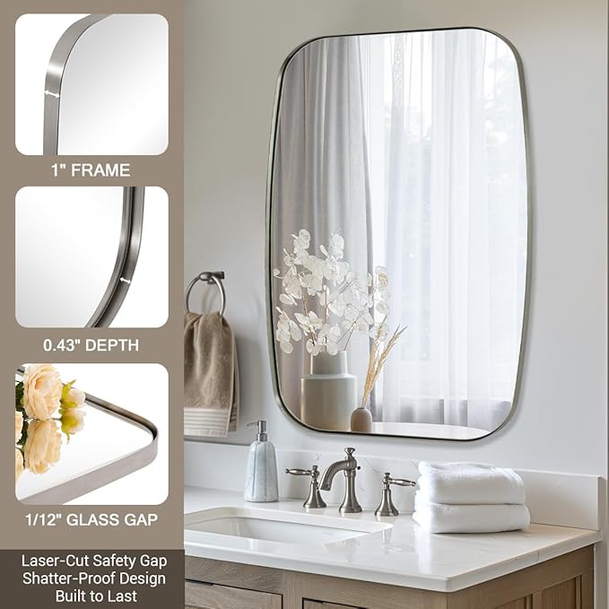 ANDY STAR Brushed Nickel Bathroom Mirror, 30x40” Oblong Mirror with Stainless Steel Metal Frame, Silver Oval Vanity Mirror for Over Sink, Modern Anti Rust Wall Mounted-Ruum Studio Home