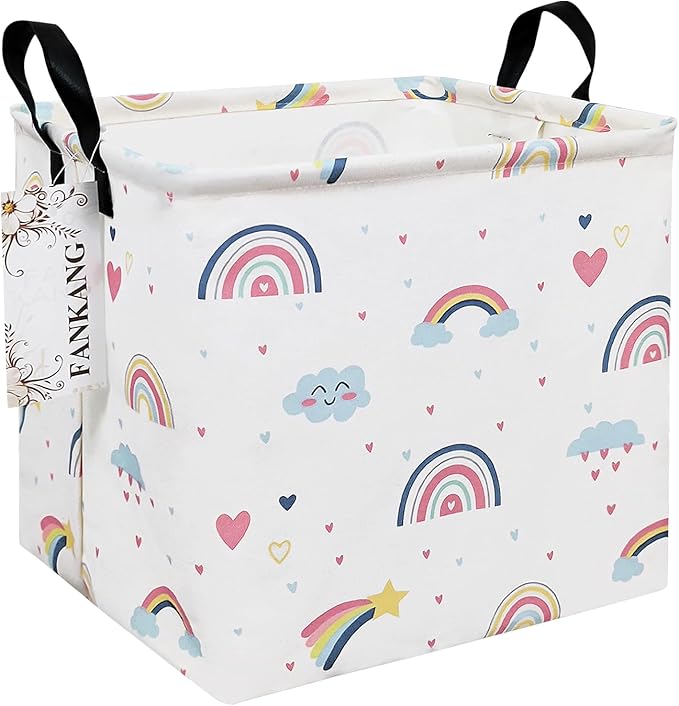 FANKANG Square Nursery Hamper Storage Bins Canvas Laundry Basket Foldable with Waterproof PE Coating Storage Baskets Gift Baskets for Children, Office, Bedroom, Clothes（Square-Love Rainbow ）-Ruum Studio Home