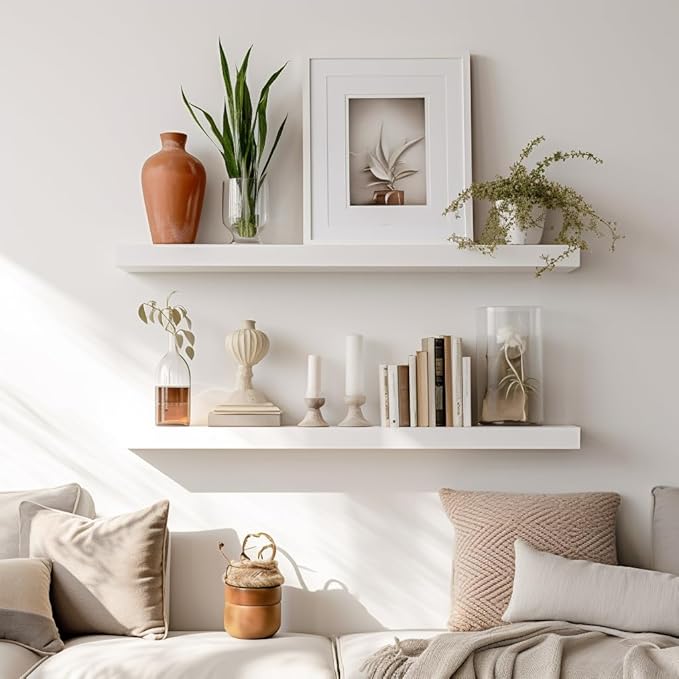 LaVie Home Floating Shelves, 24 Inch Wall Shelf Set of 2, Hanging Shelf with Invisible Brackets, Wall Decor for Bathroom, Bedroom, Living Room, Kitchen Storage, Modern White-Ruum Studio Home