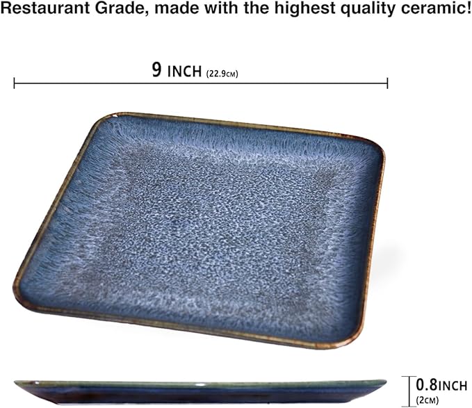 Ceramic Dinner Plates Dish Set, Set of 4, Microwave Oven and Dishwasher Safe, Scratch Resistant, Dinnerware Kitchen Porcelain Serving Dishes Blue, 9 inch Square plate-Ruum Studio Home
