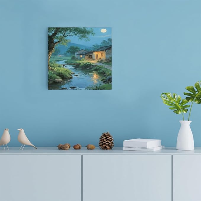 Moonlight under the big tree creek cabin scenery is suitable for posting in the living room bedroom office scenery poster wall painting-Ruum Studio Home