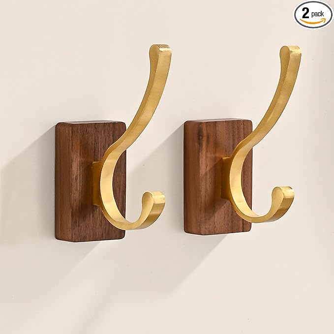 2 Pack Wooden Wall Hooks for Hanging, Adhesive Mounted Wall Mounted Boho Decorative Nature Wood Coat Hook for Towel Clothes Blanket Hat Backpack Robe Nursery Door Board Entryway Key Holder Gold-Ruum Studio Home