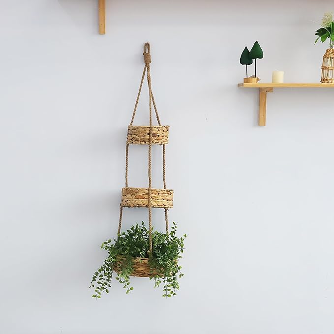 KINGWILLOW 3 Tier Hanging Fruit Basket, Handmade Natural Water Hyacinth Wall Vegetable Storage Baskets, Space Saver for Kitchen Organizing Plant Holder-Ruum Studio Home