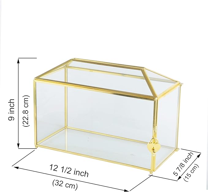 Glass Wedding Card Box with Slot, 12.6 inch Large Clear Card Box Gold Brass Gift Card Storage Box with Lock for Wedding Receptions, Baby Shower, Birthday Party, Bridal Shower-Ruum Studio Home