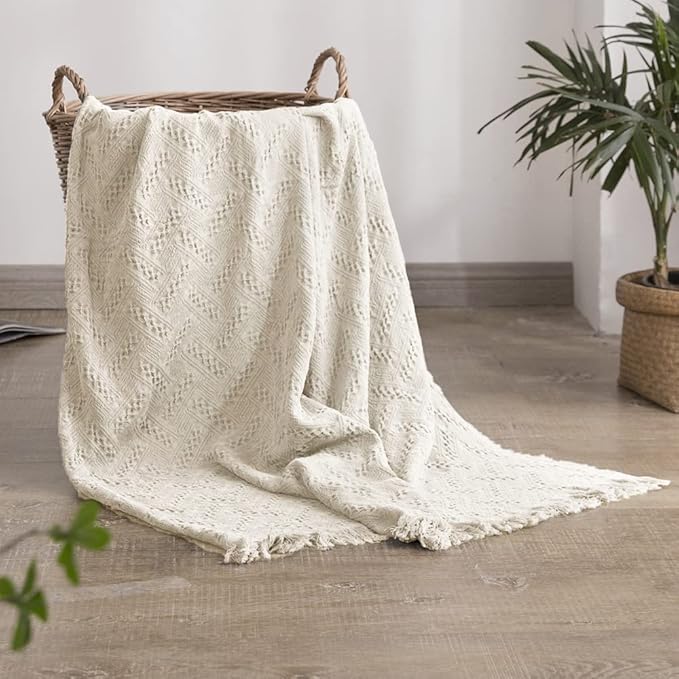 Simple&Opulence 100% Cotton Throw Blanket for Bed, Couch, Boho Luxury Geometric Knit Woven Blanket with Tassels Soft Lightweight Cozy Breathable, Vintage Farmhouse Decoration for All-Season(White)-Ruum Studio Home