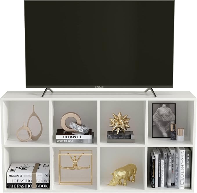 8-Cube Storage Shelf Bookcase - Wooden 4-Tier Floor Standing Open Bookshelf, Modern TV Stand up to 55 Inchs for Home and Office, Warm White-Ruum Studio Home