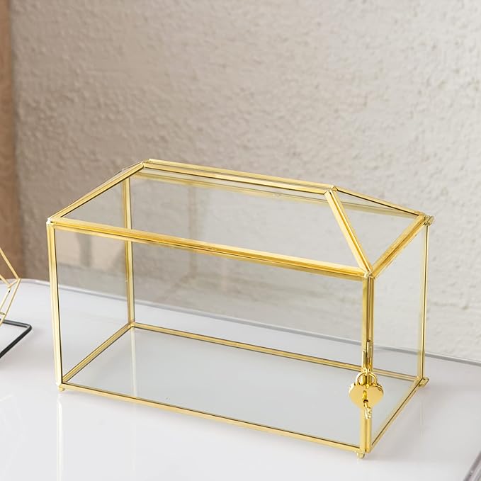 Glass Wedding Card Box with Slot, 12.6 inch Large Clear Card Box Gold Brass Gift Card Storage Box with Lock for Wedding Receptions, Baby Shower, Birthday Party, Bridal Shower-Ruum Studio Home