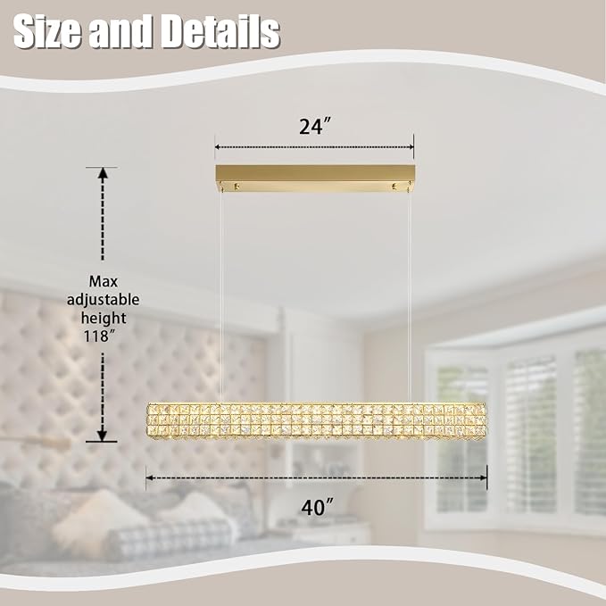 Rectangle Crystal Chandelier Modern Gold Crystal Chandelier Rectangular Pendant Lighting Fixture for Dining Room Kitchen Island Bedroom (L 40")-Ruum Studio Home