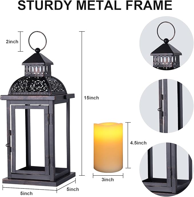 DECORKEY No Glass Lanterns Decorative Indoor & Outdoor, 15'' Candle Lantern Decorative Christmas Indoor Outdoor Decor, Vintage Metal Hanging Lanterns with LED Candle for Patio, Front Porch,Yard, Table-Ruum Studio Home