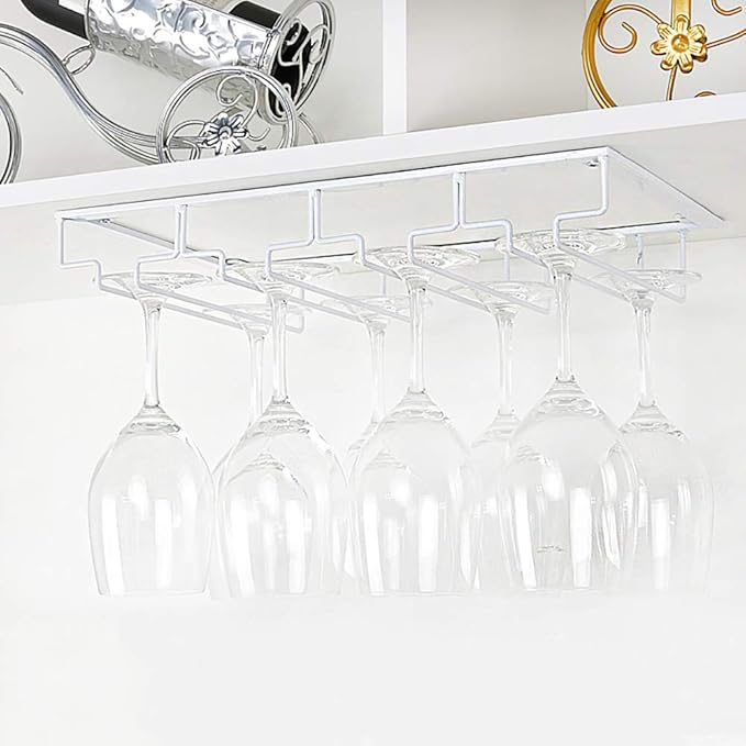 Wine Glass Rack Under Cabinet - Stemware Holder Metal Wine Glass Organizer Glasses Storage Hanger for Bar Kitchen Brown 4 Rows White-Ruum Studio Home