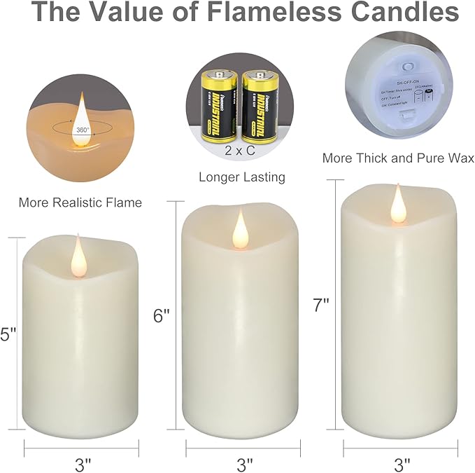 Flickering Flameless Candles with 3D Moving Flame Set of 3(H 5" 6" 7" x D 3"), Last 1000+ Hours Battery Operated Candles with Remote Timer, Ivory Real Wax Electric LED Pillar Candles-Ruum Studio Home