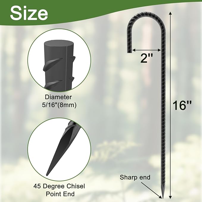 16" Ground Rebar Stakes Heavy Duty J Hook Ground Anchors, 5/16 inch Curved Steel Tent Stakes Anti Rust Steel Ground Stakes for Chain Link Wire Fencing, Pack of 40, Black-Ruum Studio Home