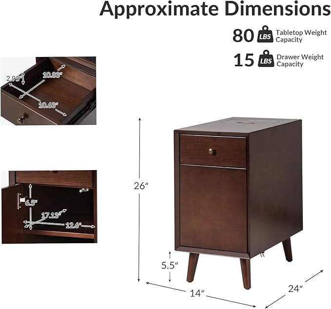 HULALA HOME End Table with Drawer Set of 2, Modern End Table with USB Ports and Outlets, Wooden Side Table with Storage-Walnut-Ruum Studio Home