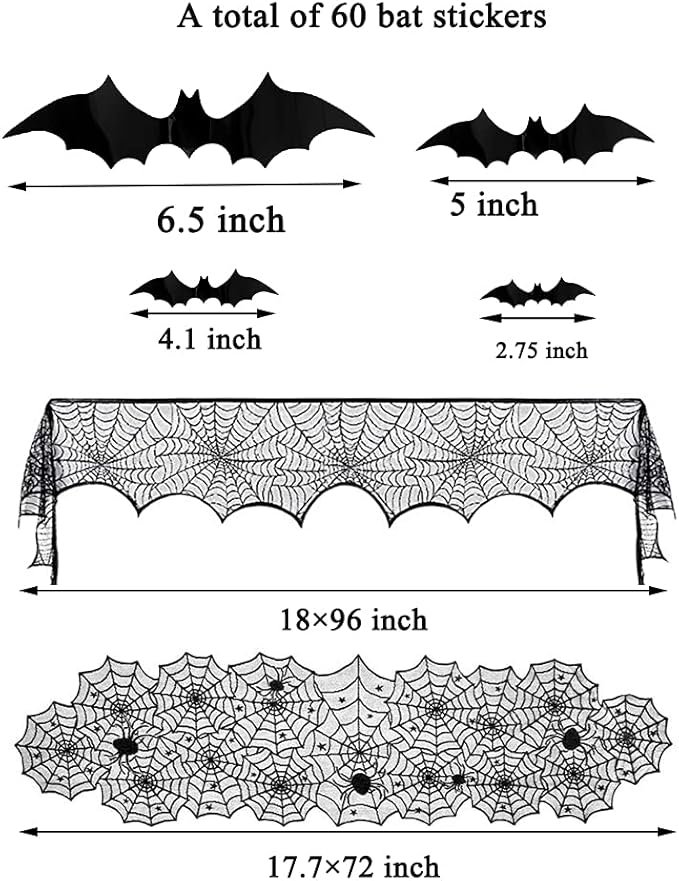 Hommtina 4 Pack Halloween Decorations Tablecloth Runner Black Lace Round Spider Cobweb Table Cover Fireplace Mantel Scarf Spiderweb with 60 Pcs 3D PVC Scary Black Bat Sticker Halloween Party Supplies-Ruum Studio Home
