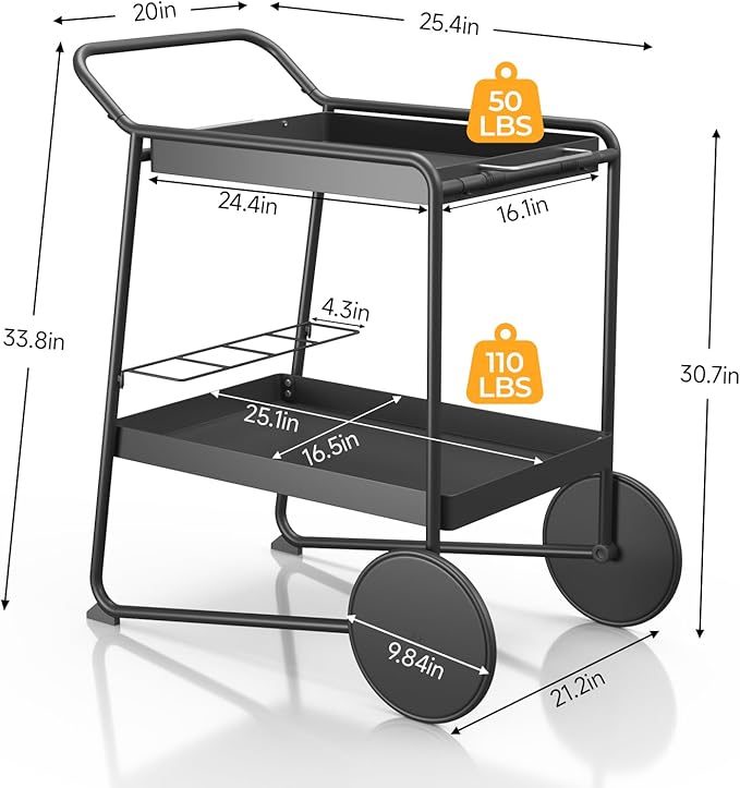Outdoor Grill Cart Table with Extra-Large Wheel, 24" x 16" Removable Tray & Ergonomic Handle, Indoor and Outdoor Pizza Oven Table for Garden Patio BBQ Kitchen Food Prep Cart for Party-Ruum Studio Home