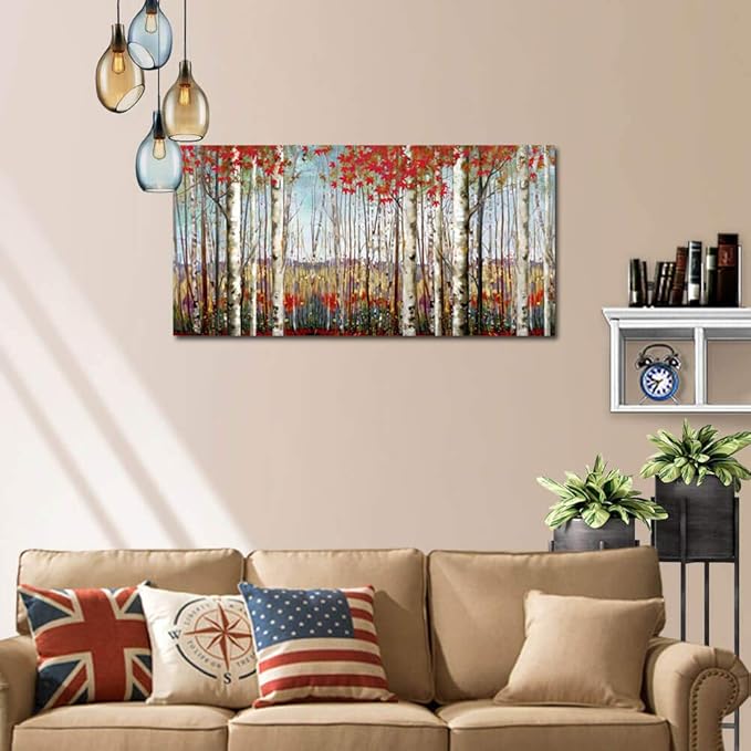 Canvas Wall Art for Living Room Bedroom Modern Wall Decor of Red Leaves White Birch Tree Forest Giclee Print Painting Artwork Wall Decoration 24x48 Large Size with Wood Framed Easy to Hang for Home-Ruum Studio Home