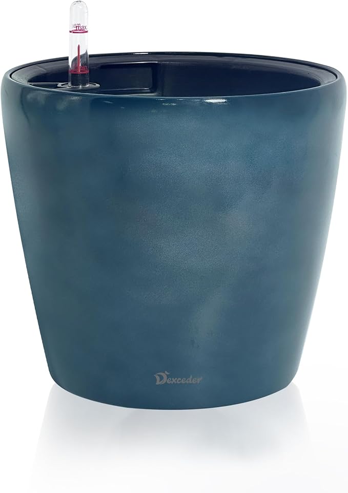 Dexceder 11x10 Inches Self Watering Planter Indoor Outdoor, Inner Pot Design, Thickened Table Flower Plant Pot with Water Level Indicator (Grayish Green Gradient)-Ruum Studio Home
