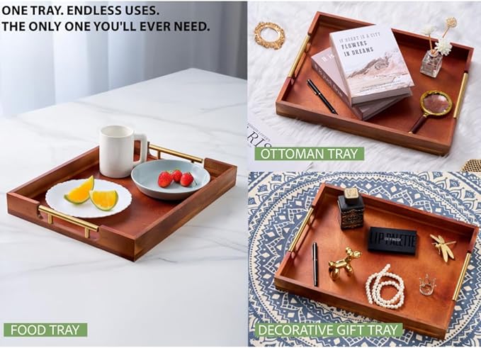 Premium Acacia Wood Ottoman Tray, 17x13 inches Large Serving Tray, Decorative Coffee Table Tray with Metal Handles, Ideal for Breakfast in Bed, Appetizers, Kitchen & Living Room Decor-Ruum Studio Home