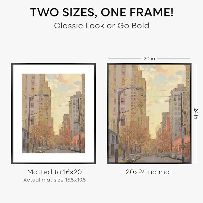 Homeforia 20x24 Picture Frame Black, High End Metal 20x24 Frame Matted to 16x20 Print, 20 x 24 Black Poster Frames with Mat 16 by 20 inch Photo, 24x20 Hanging Frame, Tempered Glass, Wall Kit, Set of 1-Ruum Studio Home