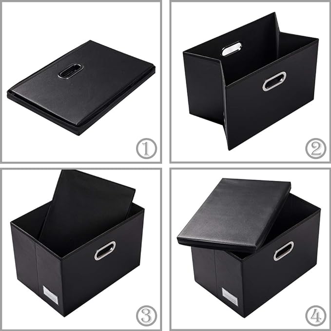 PRANDOM Collapsible Storage Bins with Lids [3-Pack] Leather Fabric Foldable Storage Boxes Organizer Containers Baskets Cube with Cover for Bedroom Closet Office Nursery Black (14.9x10.8x10)-Ruum Studio Home