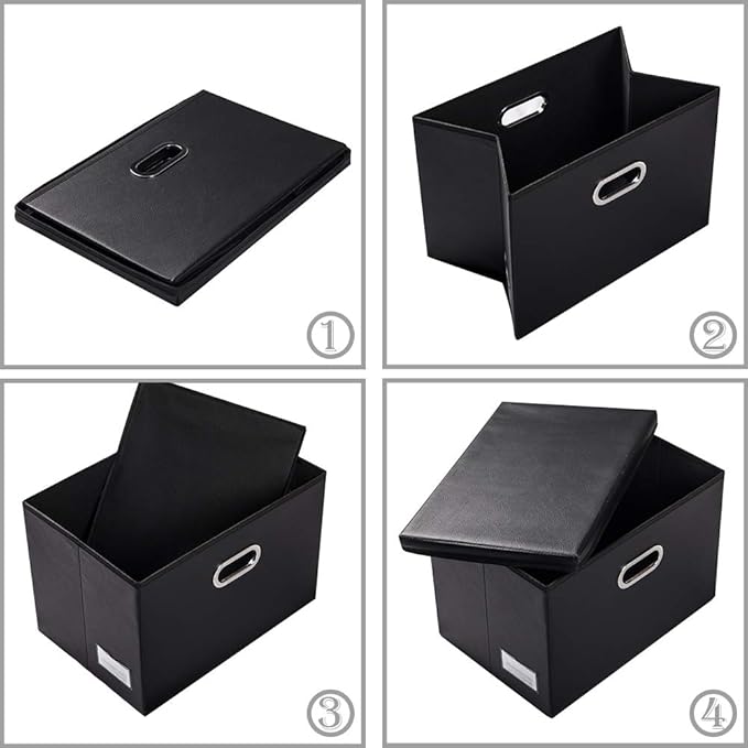 PRANDOM Large Collapsible Storage Bin with Lid [1-Pack] Leather Fabric Foldable Storage Box Organizer Containes Basket Cube with Cover for Home Bedroom Closet Office Nursery Black (17.7x11.8x11.8)-Ruum Studio Home